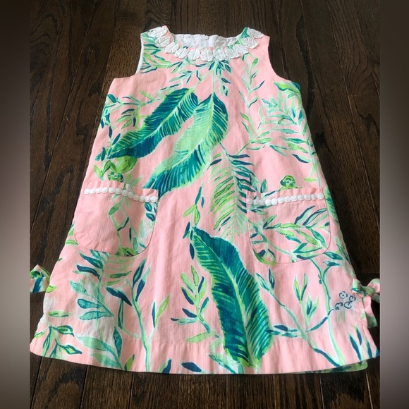 Lilly Pulitzer Girls 8 Light Pink/Green Palms/Monkey Embroidered Shift Dress - Picture 4 of 12